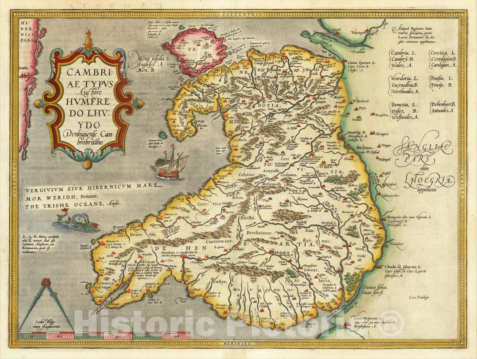 Historic Map : Cambriae Typus Auctore Humfredo Lhuydo , 1603, Abraham Ortelius, Vintage Wall Art