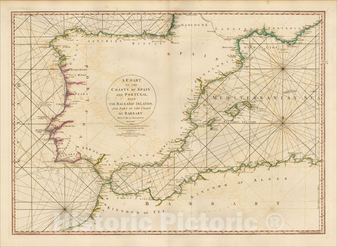 Historic Map : A Chart of the Coasts of Spain and Portugal, with the Balearic Islands, and Part of the Coast of Barbary. MDCCLXXX, 1780, William Faden, Vintage Wall Art