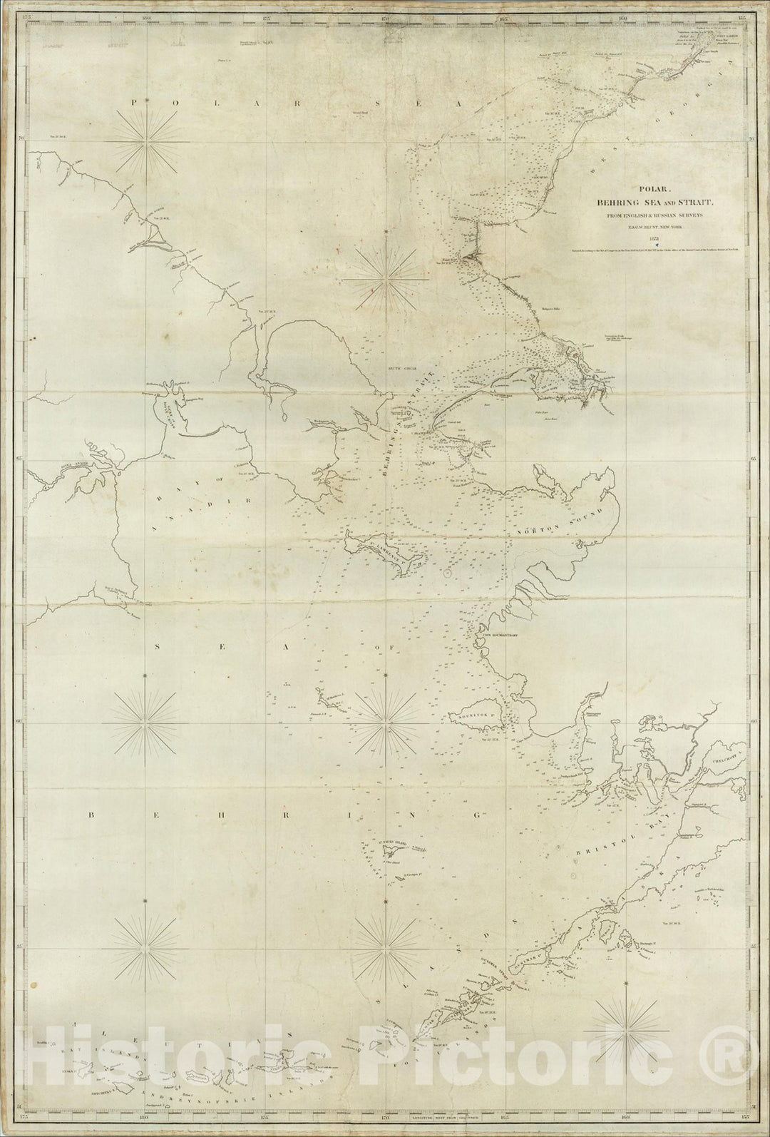 Historic Map : Polar, Behring Sea and Strait from English and Russian surveys, 1851, E & GW Blunt, Vintage Wall Art