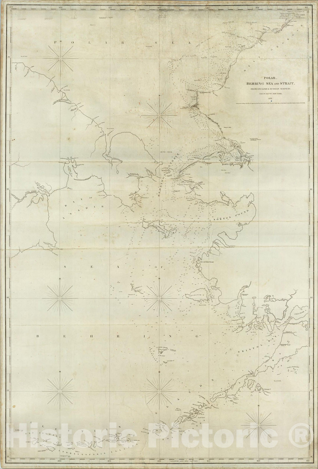 Historic Map : Polar, Behring Sea and Strait from English and Russian surveys, 1851, E & GW Blunt, Vintage Wall Art