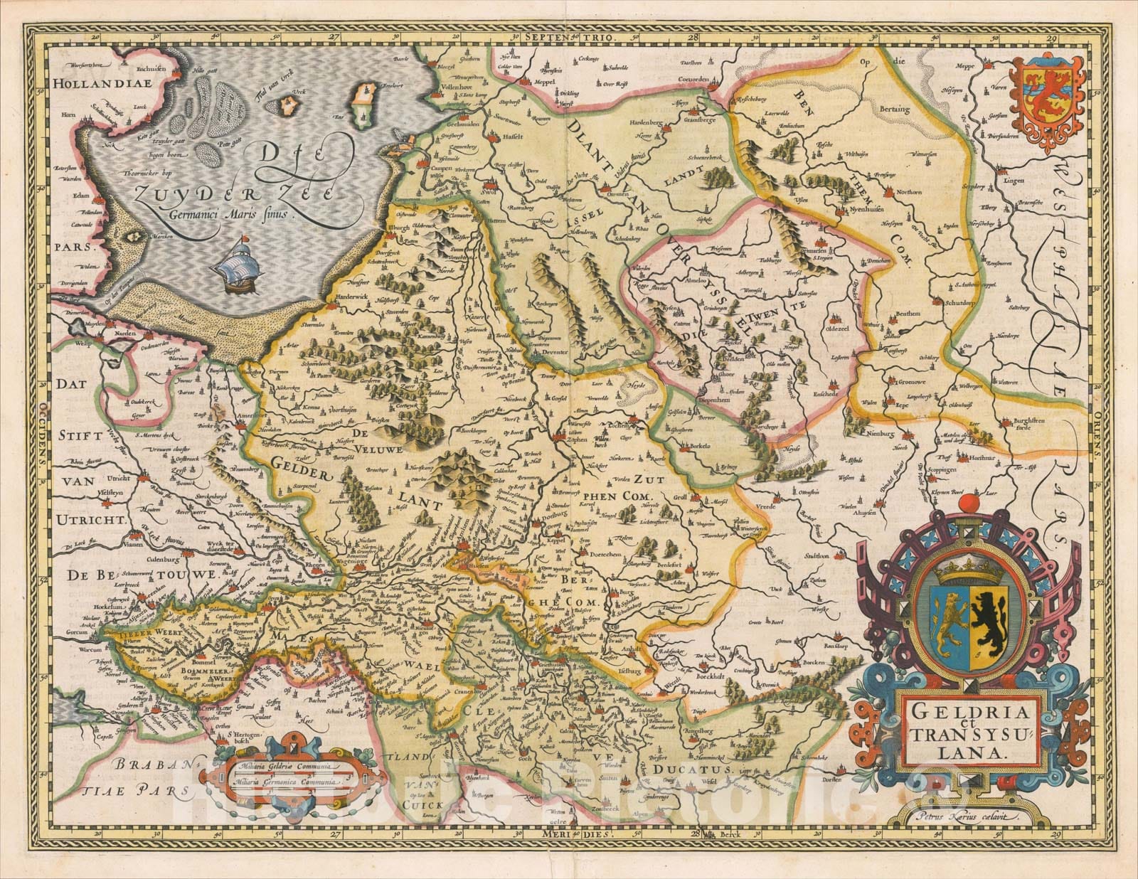 Historic Map : Geldria et Transysulana, 1617, Petrus Kaerius, Vintage Wall Art