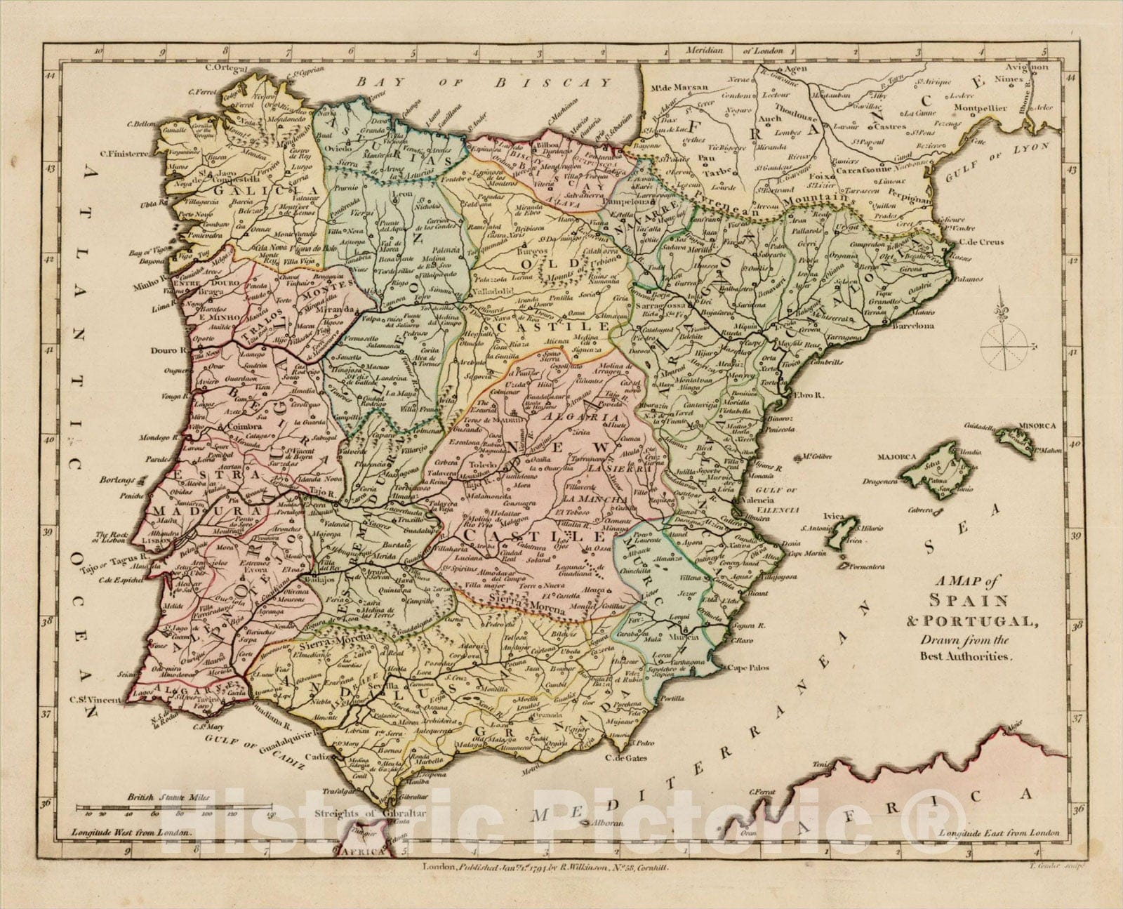Historic Map : A Map of Spain & Portugal, Drawn from the Best Authorities, 1794, Robert Wilkinson, Vintage Wall Art