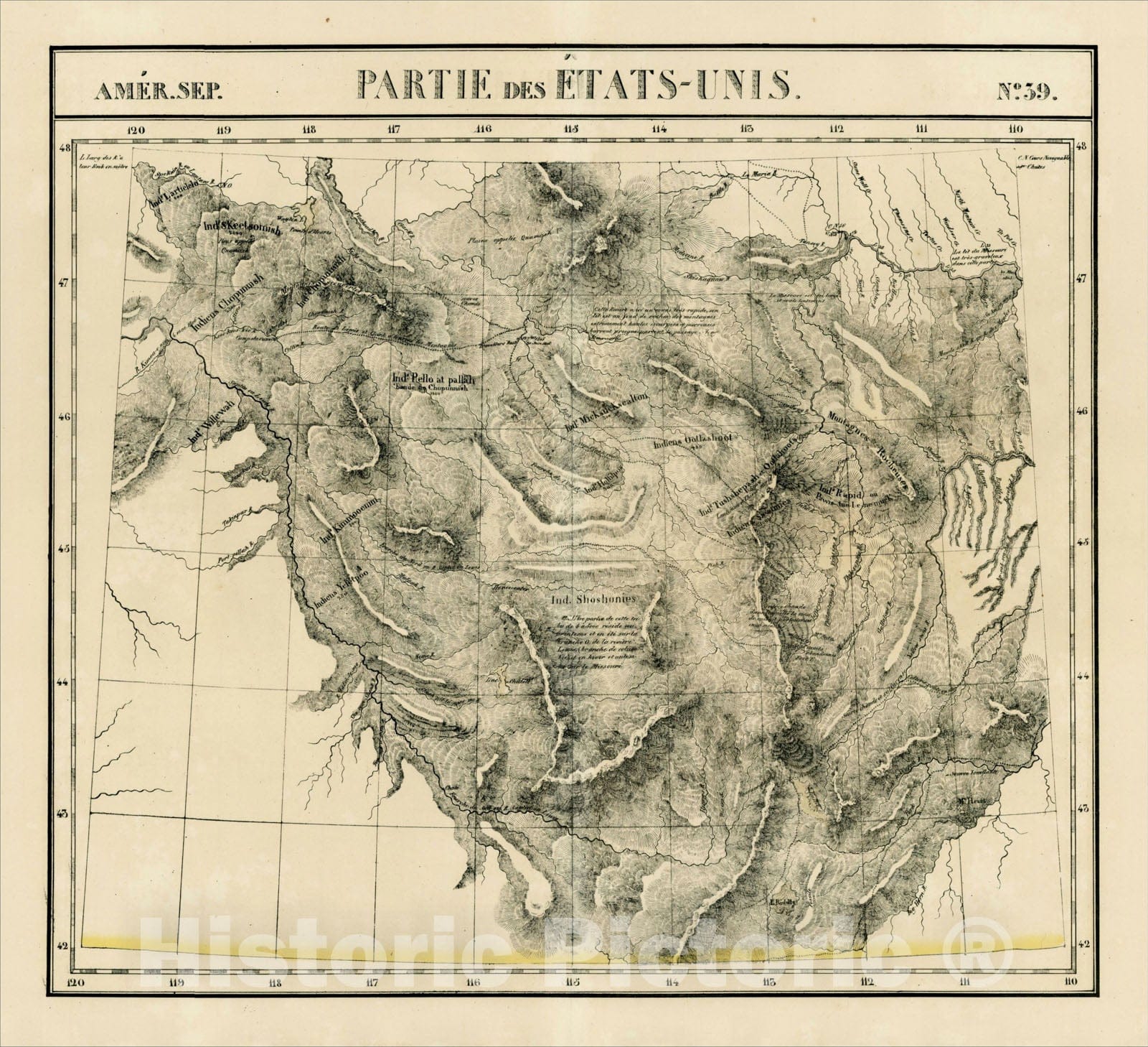 Historic Map : Amer. Sep. No. 39. Partie Des Etats-Unis [Idaho and Western Montana], 1825, , Vintage Wall Art