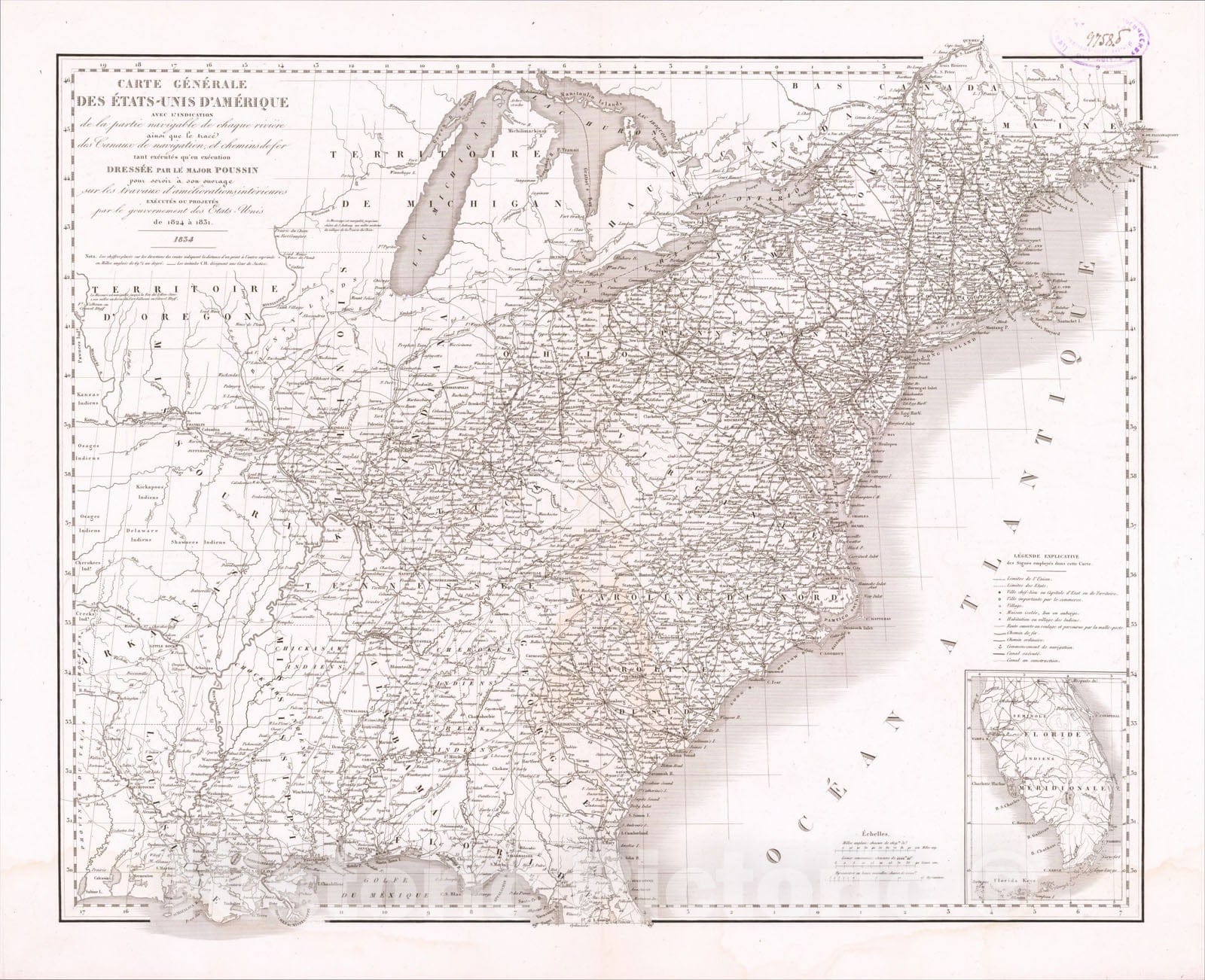 Historic Map : Carte Generale des Etats-Unis D'Amerique, 1834, Guillaume-Tell Poussin, Vintage Wall Art