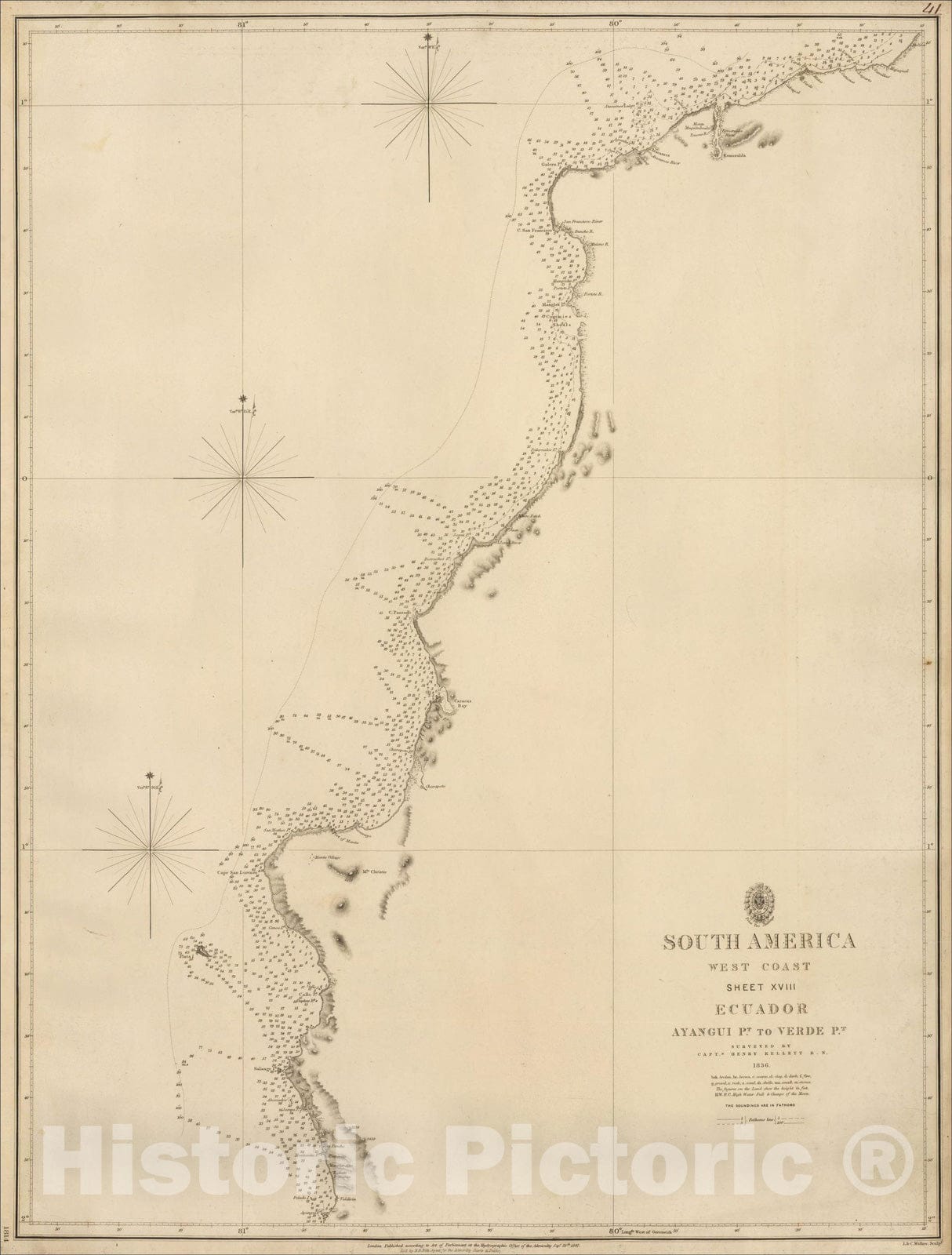Historic Map : (Ecuador Coast) South America West Coast Sheet XVIII Ecuador Ayangui Pt. to Verde Pt. Surveyed by Captn. Henry Kellett R.N. 1836, 1847, Vintage Wall Art