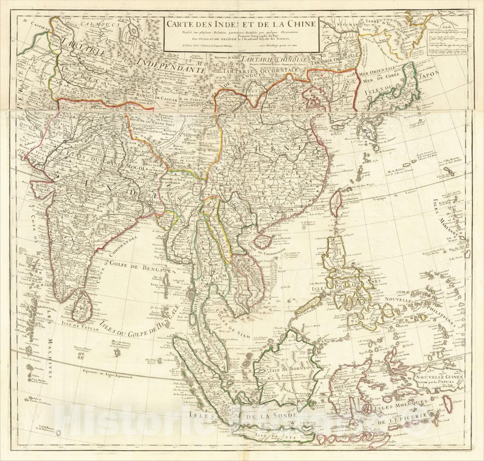 Historic Map : Carte Des Indes et de la Chine Dressee sur plusieurs Relations particulieres Rectifees par quelques, 1705, Guillaume De L'Isle, Vintage Wall Art