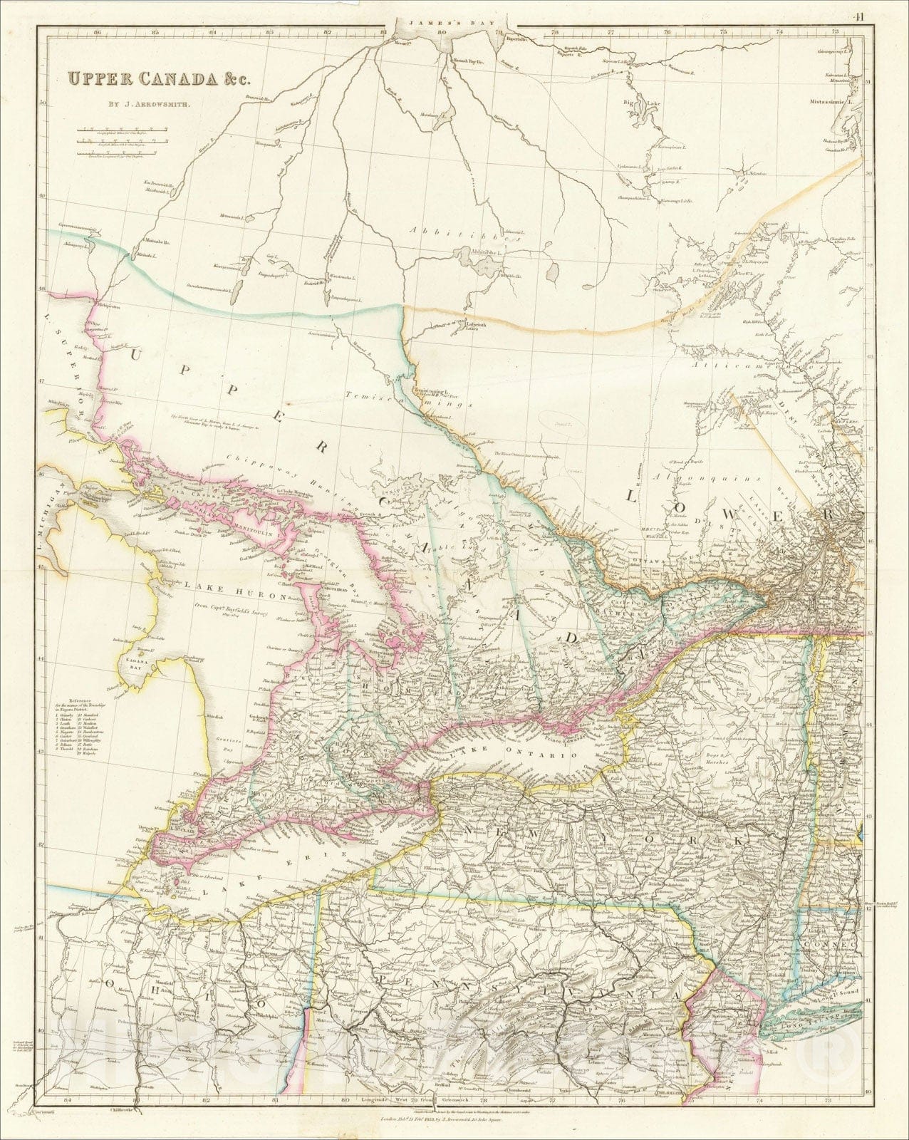 Historic Map : Upper Canada &c., 1853, John Arrowsmith, Vintage Wall Art