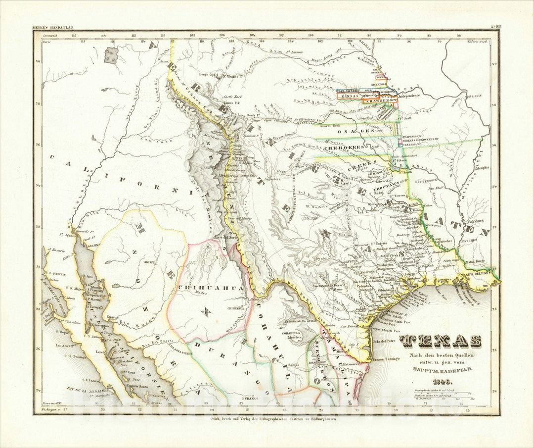 Historic Map : (Republic of Texas) Texas Nach den besten Quellen entw. U. Gez. Vom Hauptm. Radefeld. 1846., 1846, Joseph Meyer, Vintage Wall Art