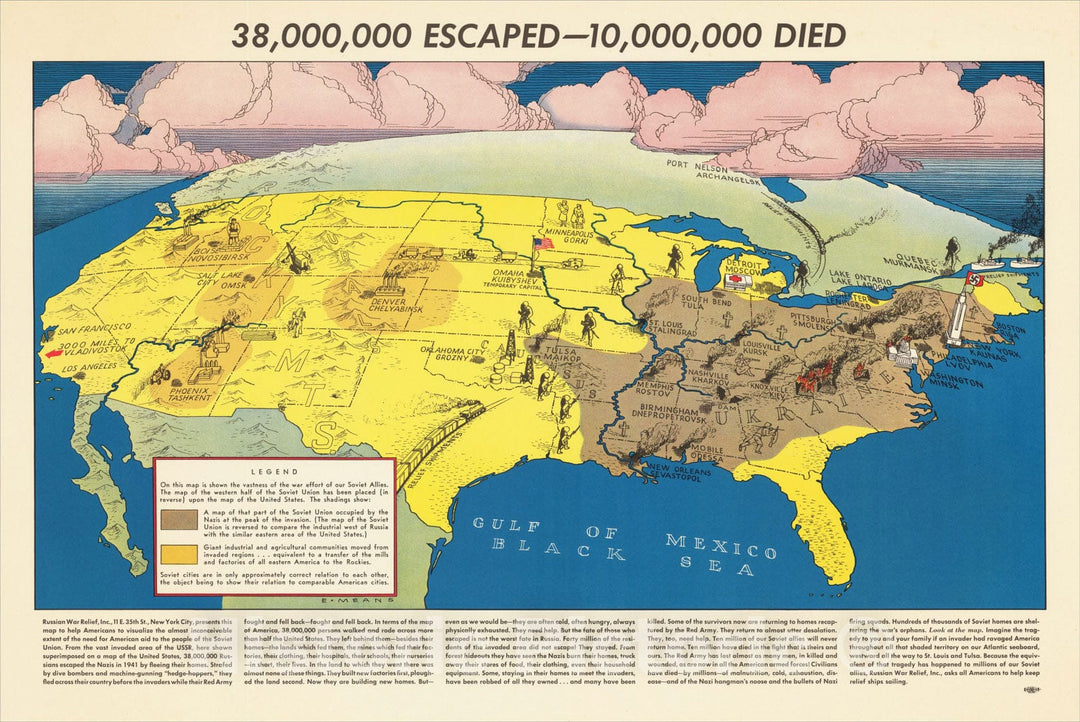 Historic Map : 38,000,000 Escaped -- 10,000,000 Died, c1943, Russian War Relief Inc., Vintage Wall Art