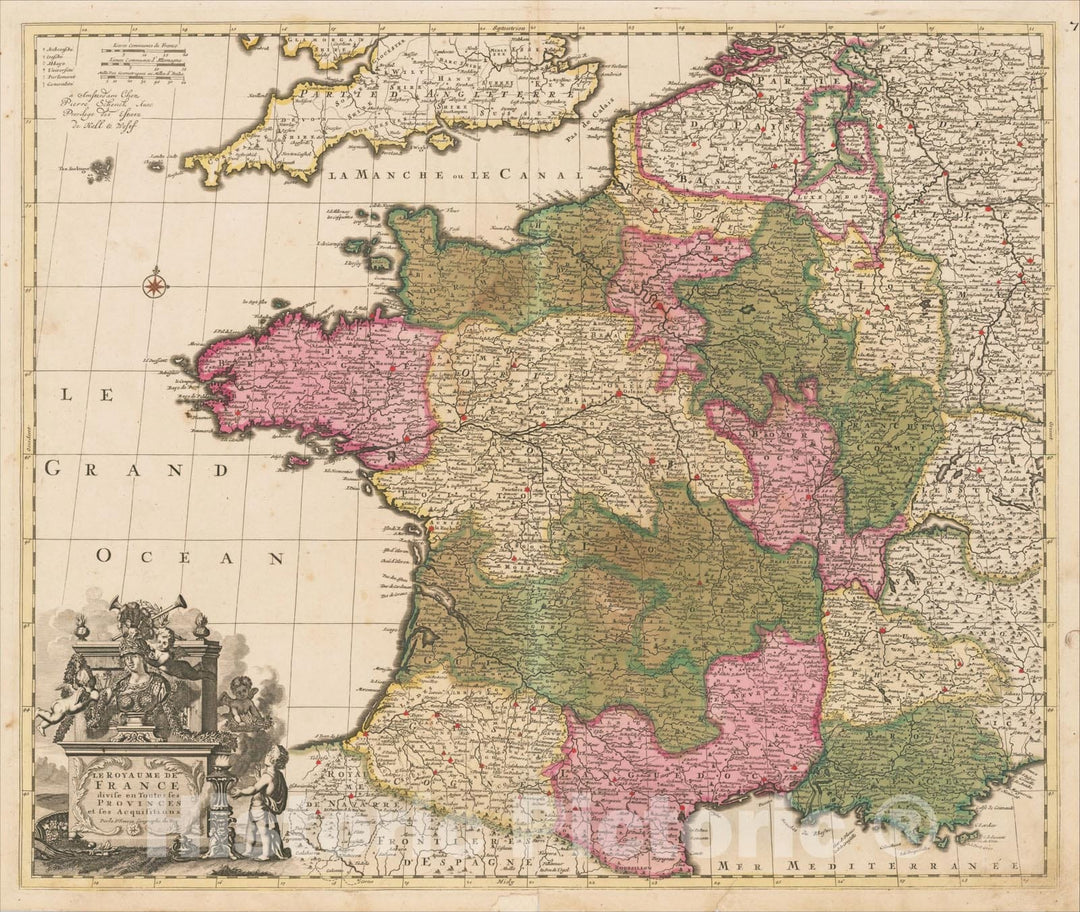 Historic Map : Le Royaume De France divise en Toutes ses Provinces et se Acquisitions, c1700, Peter Schenk, Vintage Wall Art