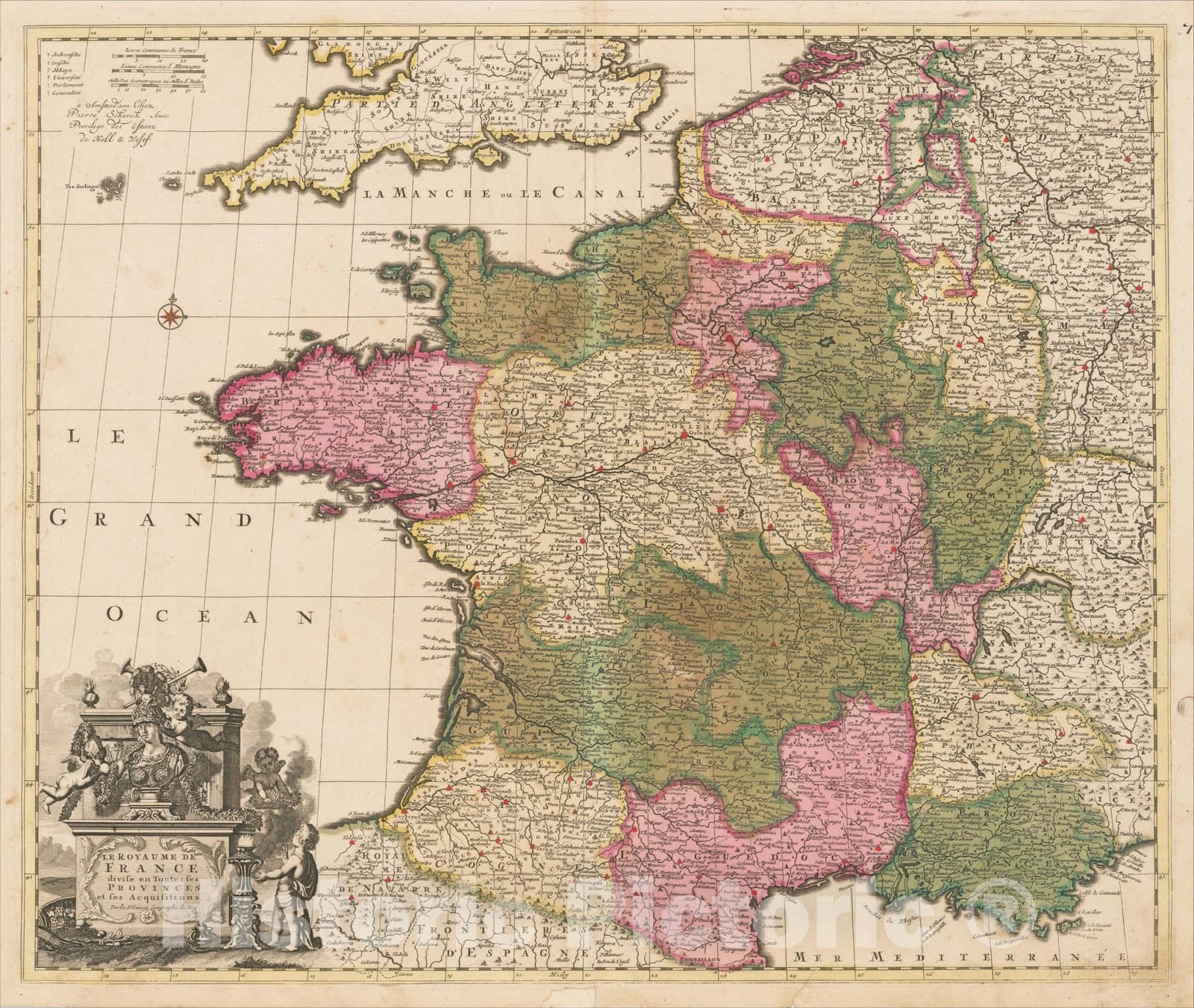 Historic Map : Le Royaume De France divise en Toutes ses Provinces et se Acquisitions, c1700, Peter Schenk, Vintage Wall Art
