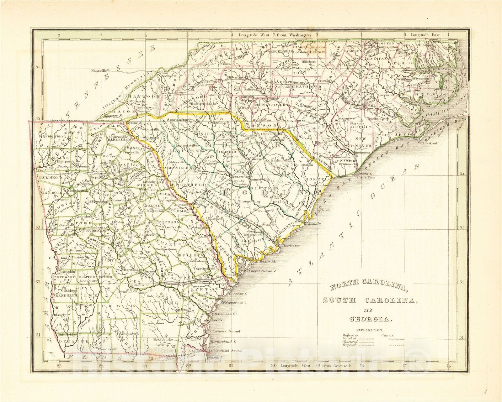 Historic Map : North Carolina, South Carolina and Georgia, 1835, Thomas Gamaliel Bradford, Vintage Wall Art