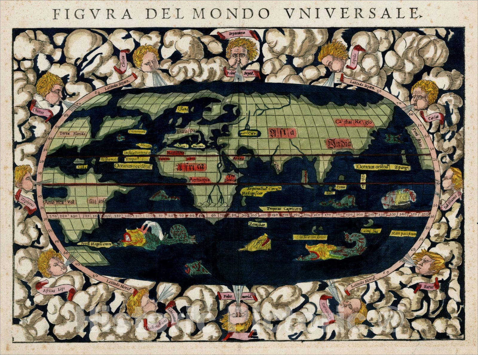Historic Map : Figura Del Mondo Universale, 1552, Sebastian M?nster, v1, Vintage Wall Art