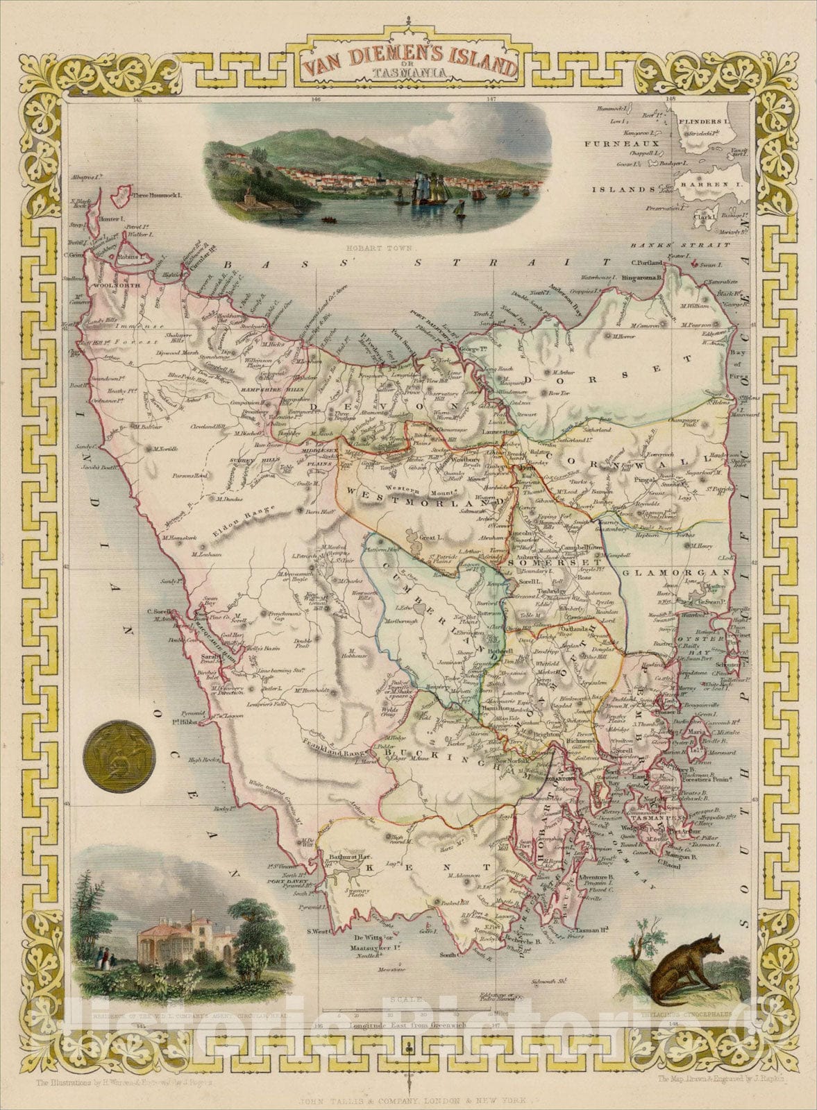 Historic Map : Van Diemen's Island or Tasmania, 1851, John Tallis, v2, Vintage Wall Art