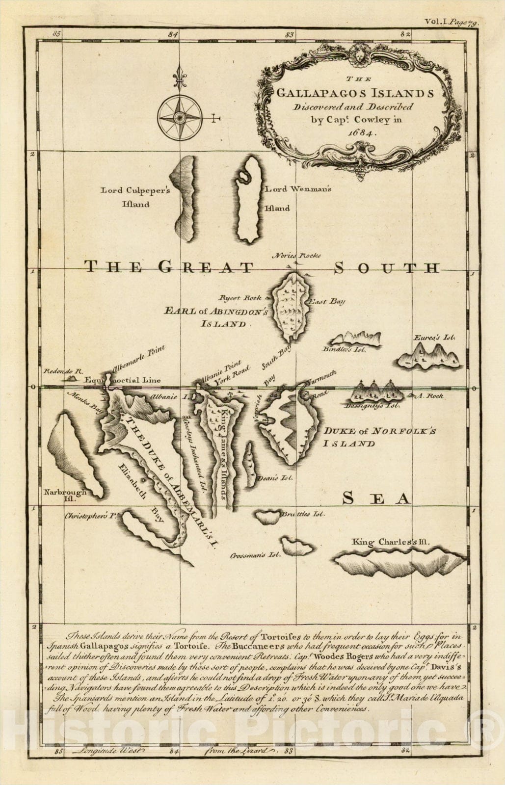 Historic Map : The Gallapagos Islands Discovered and Described by Capt. Cowley in 1684, 1744, Emanuel Bowen, v2, Vintage Wall Art