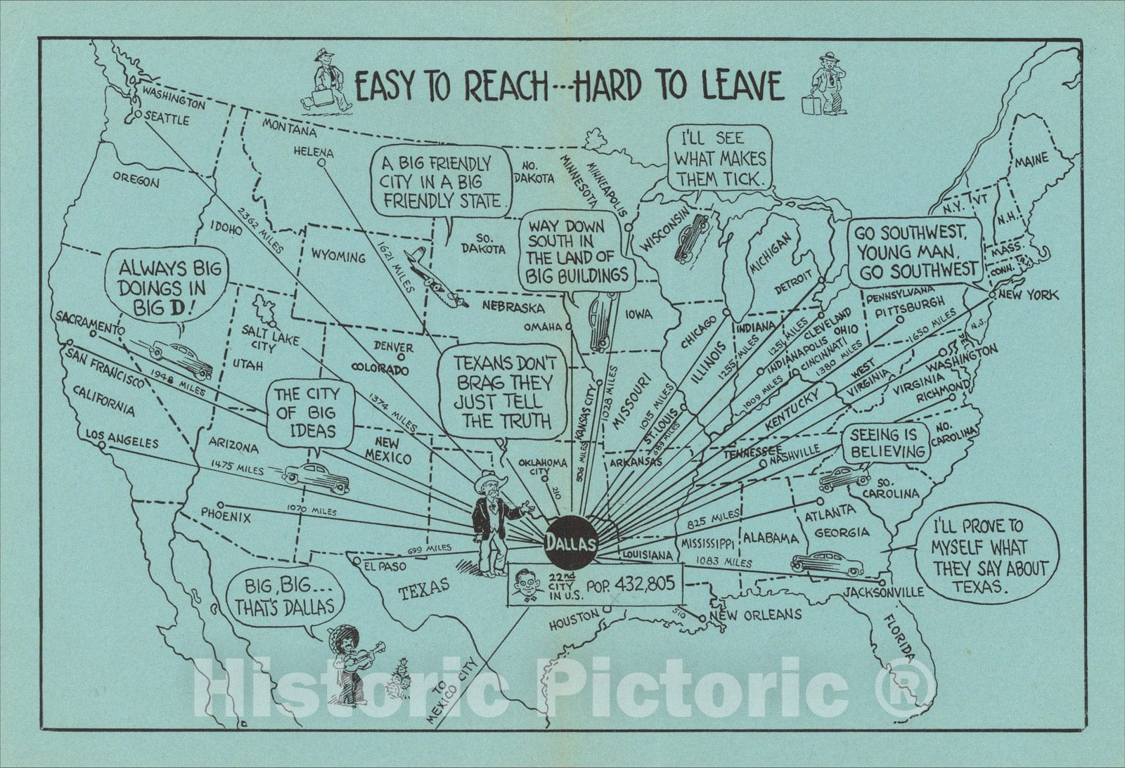 Historic Map : [Come To Dallas] Easy To Reach -- Hard To Leave, c1936, Anonymous, Vintage Wall Art