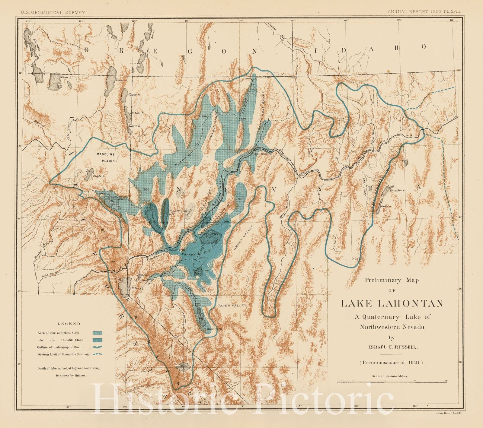 Historic Map : Preliminary Map of Lake Lahontan, 1881, 1882, U.S. Geological Survey, Vintage Wall Art