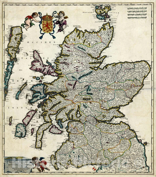 Historic Map : Scotia Regnum divisum in Partem Septentrionalem et Meridionalem Subdivisas in Comitatus, Vicecomitatus, c1688, Vintage Wall Art