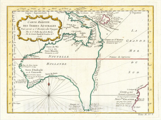 Historic Map : Carte Reduite Des Terres Australes, 1753, Jacques Nicolas Bellin, v2, Vintage Wall Art