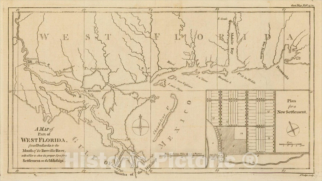 Historic Map : A Map of Part of West Florida from Pensacola to the Mouth of the Iberville River, 1772, Gentleman's Magazine, v3, Vintage Wall Art