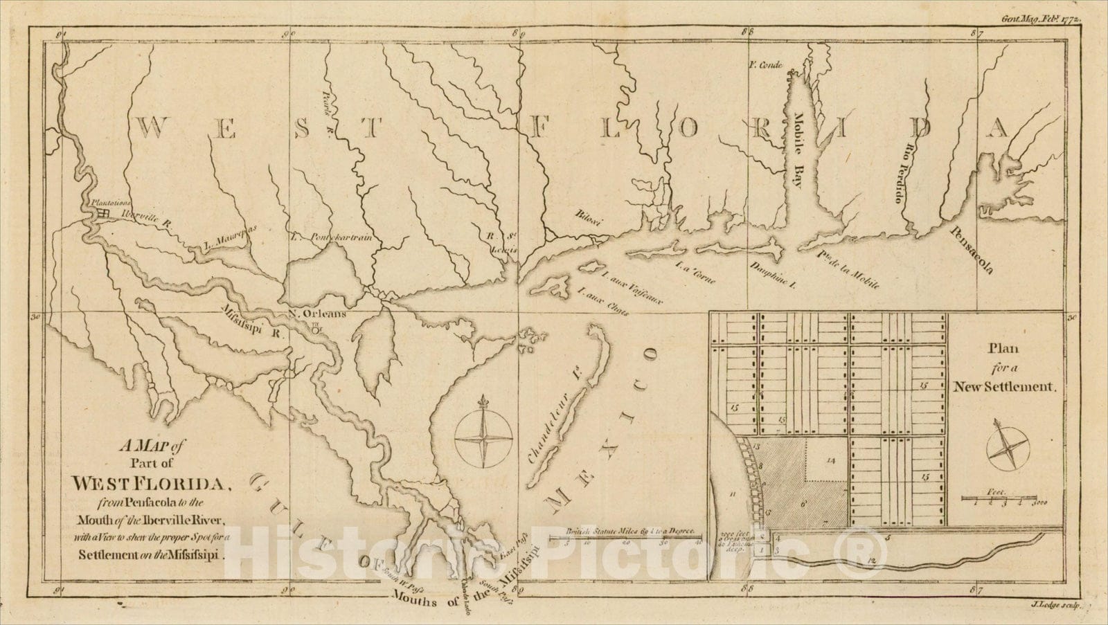 Historic Map : A Map of Part of West Florida from Pensacola to the Mouth of the Iberville River, 1772, Gentleman's Magazine, v3, Vintage Wall Art