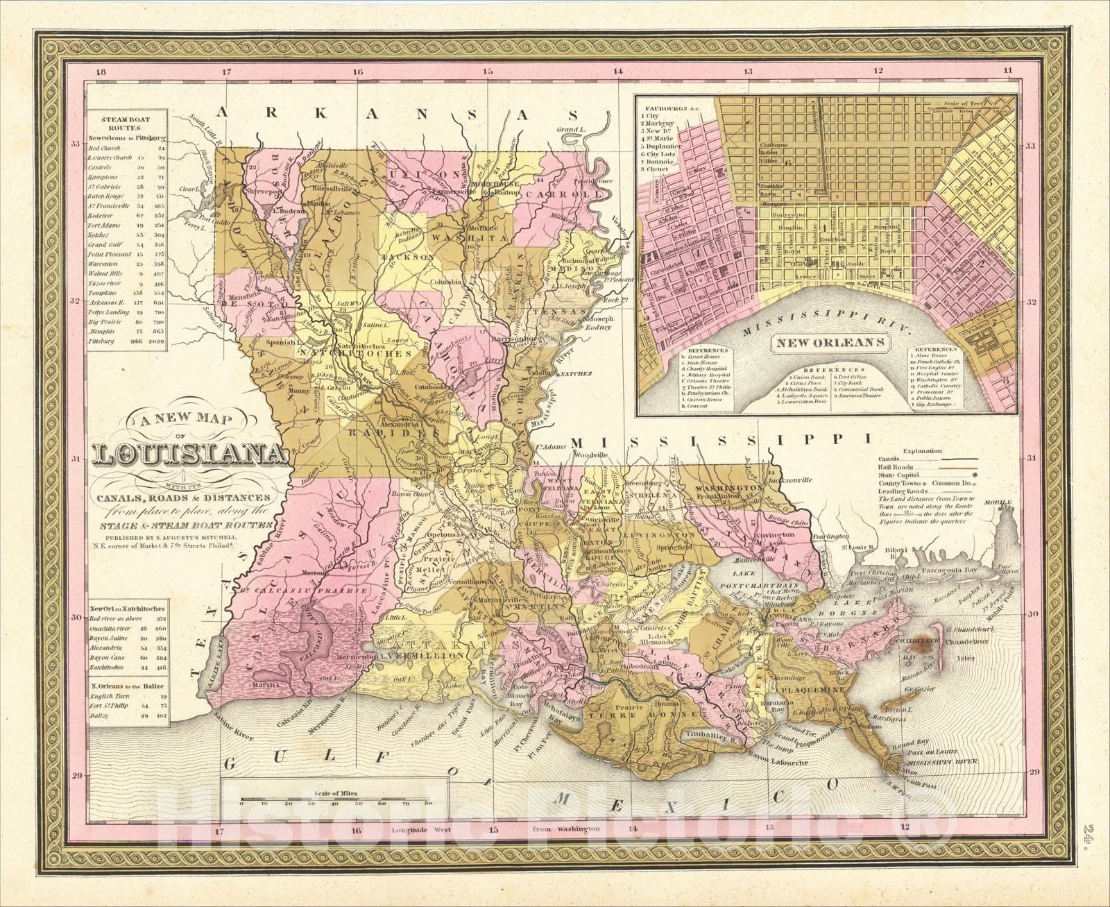 Historic Map : A New Map Of Louisiana with its Canals, Roads, Distances from Place to Place, along the Stage and Steam Boat Routes , 1846, Vintage Wall Art