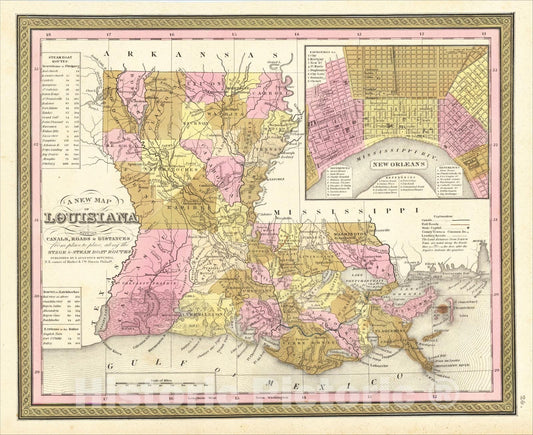 Historic Map : A New Map Of Louisiana with its Canals, Roads, Distances from Place to Place, along the Stage and Steam Boat Routes , 1846, Vintage Wall Art