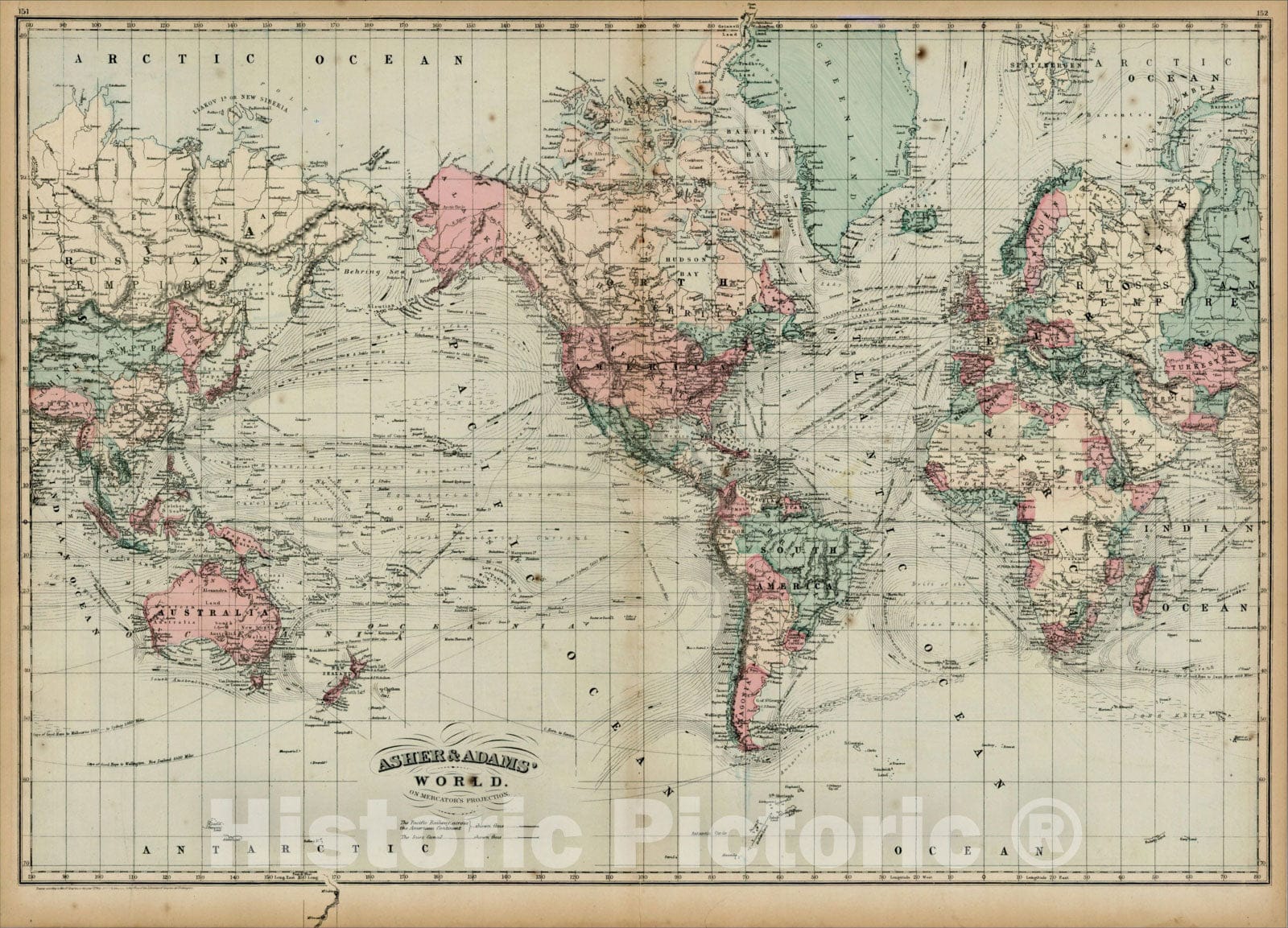 Historic Map : Asher & Adams' World on Mercator's Projection, 1875, Asher, v1, Vintage Wall Art