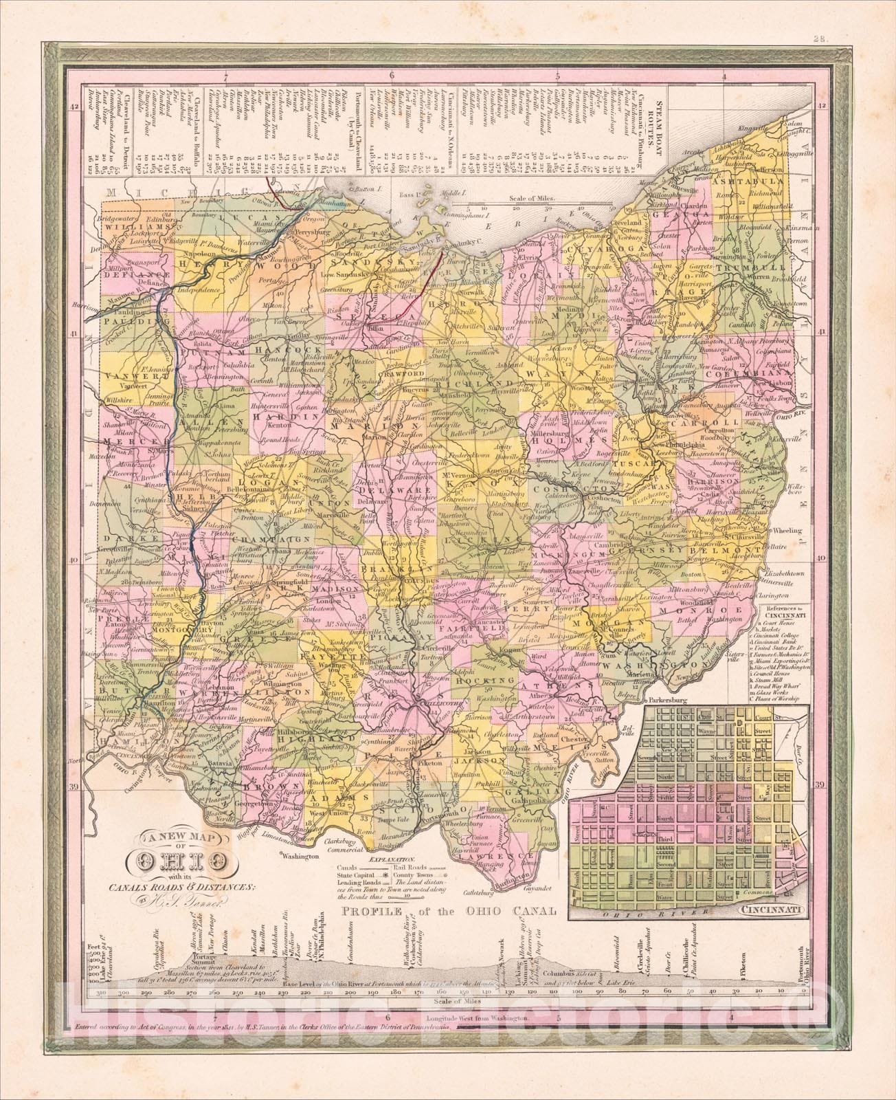 Historic Map : A New Map of Ohio with its Canals, Roads and Distances by H.S. Tanner, 1844, Henry Schenk Tanner, Vintage Wall Art