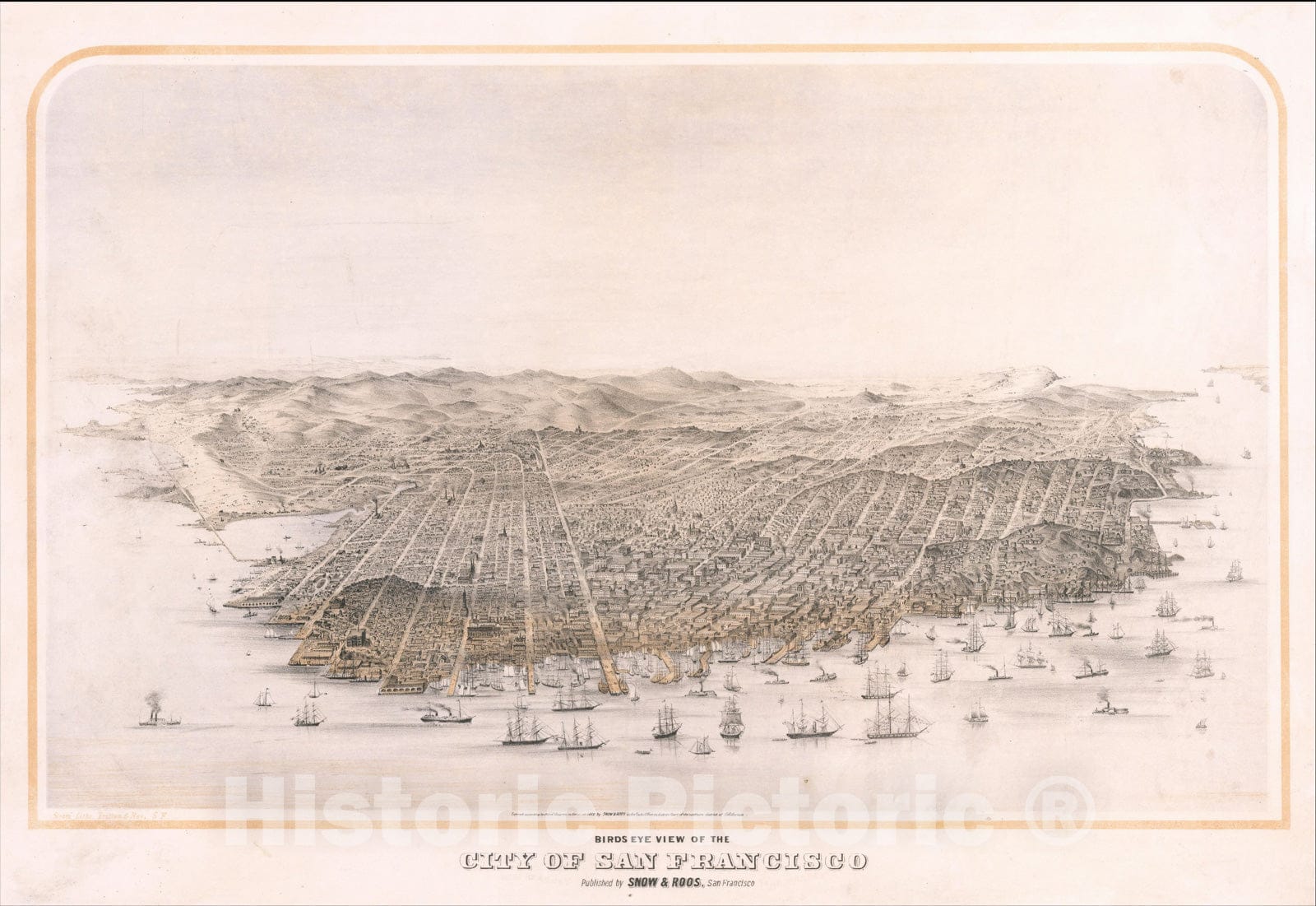 Historic Map : Birds Eye View of The City of San Francisco Published By Snow and Roos, San Francisco, 1868, , Vintage Wall Art
