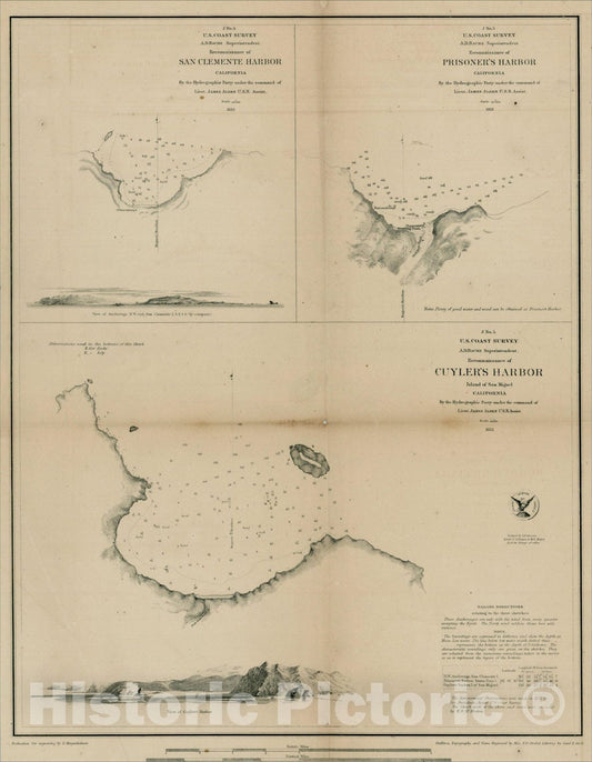 Historic Map : Reconnaissance of San Clemente Harbor with Prisoner's Harbor, with Cuyler's Harbor Island of San Miguel, 1852, 1853, United States Coast Survey, Vintage Wall Art