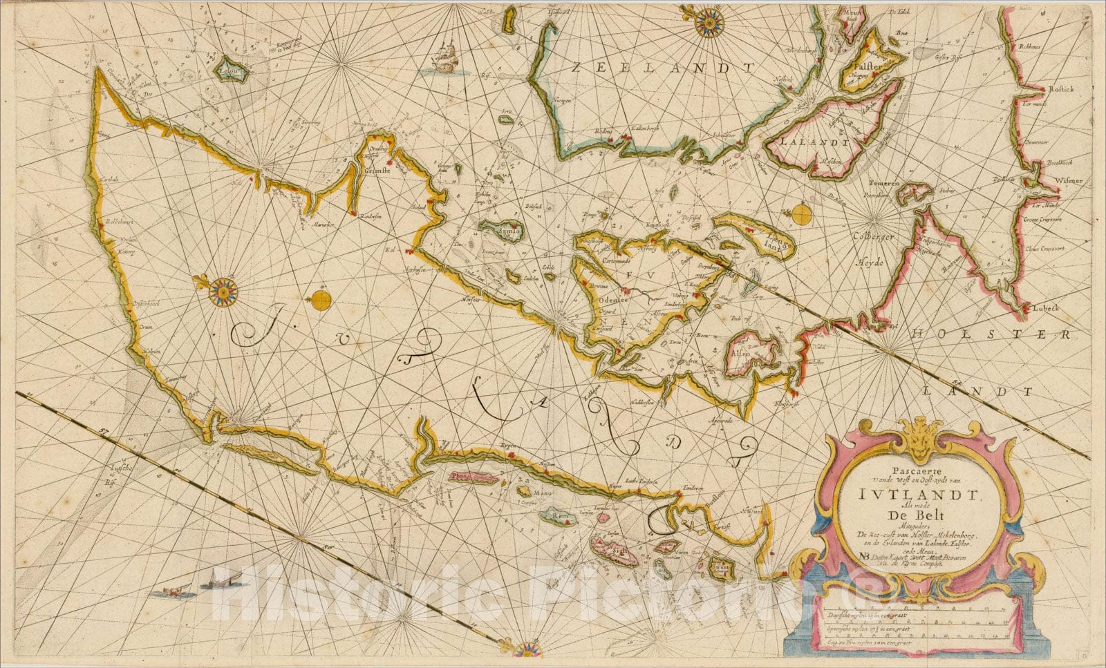 Historic Map : Pascaerte vande West en Oost-zyde van Iutlandt, c1664, , Vintage Wall Art