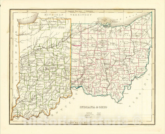 Historic Map : Indiana and Ohio, 1835, Thomas Gamaliel Bradford, Vintage Wall Art