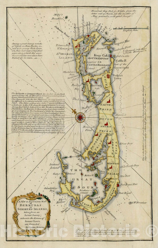 Historic Map : A New & Accurate Map of Bermudas or Sommer's Islands, taken from an Actual Survey ., 1744, Emanuel Bowen, Vintage Wall Art