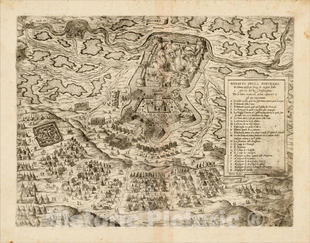 Historic Map : [Plan of the Siege of GuÃƒÂ®nes, France] Ritratto Della Fortezza di Ghines, presa perforza dallo essecito del Re Christianissimo, c1558, v1, Vintage Wall Art