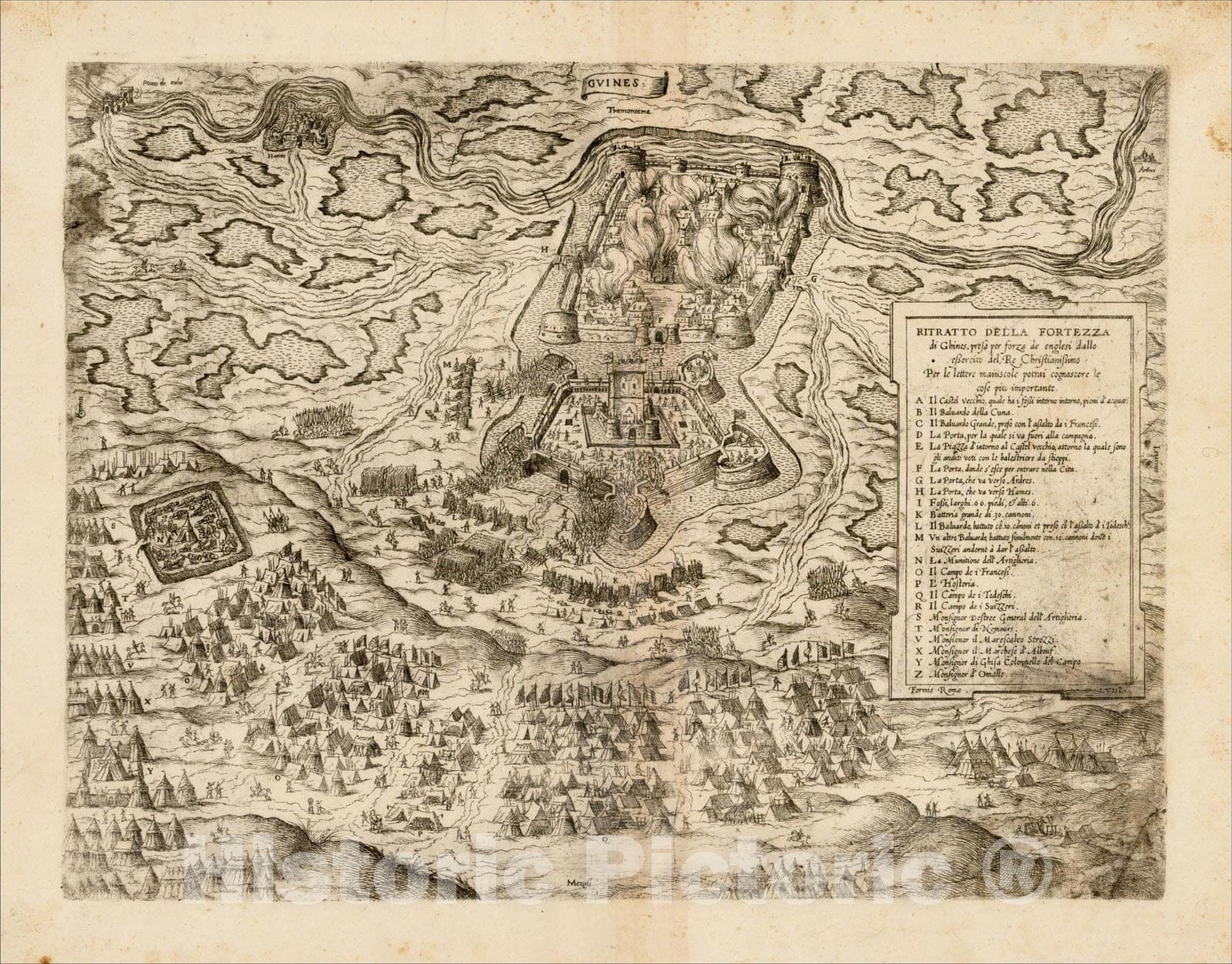 Historic Map : [Plan of the Siege of GuÃƒÂ®nes, France] Ritratto Della Fortezza di Ghines, presa perforza dallo essecito del Re Christianissimo, c1558, v1, Vintage Wall Art