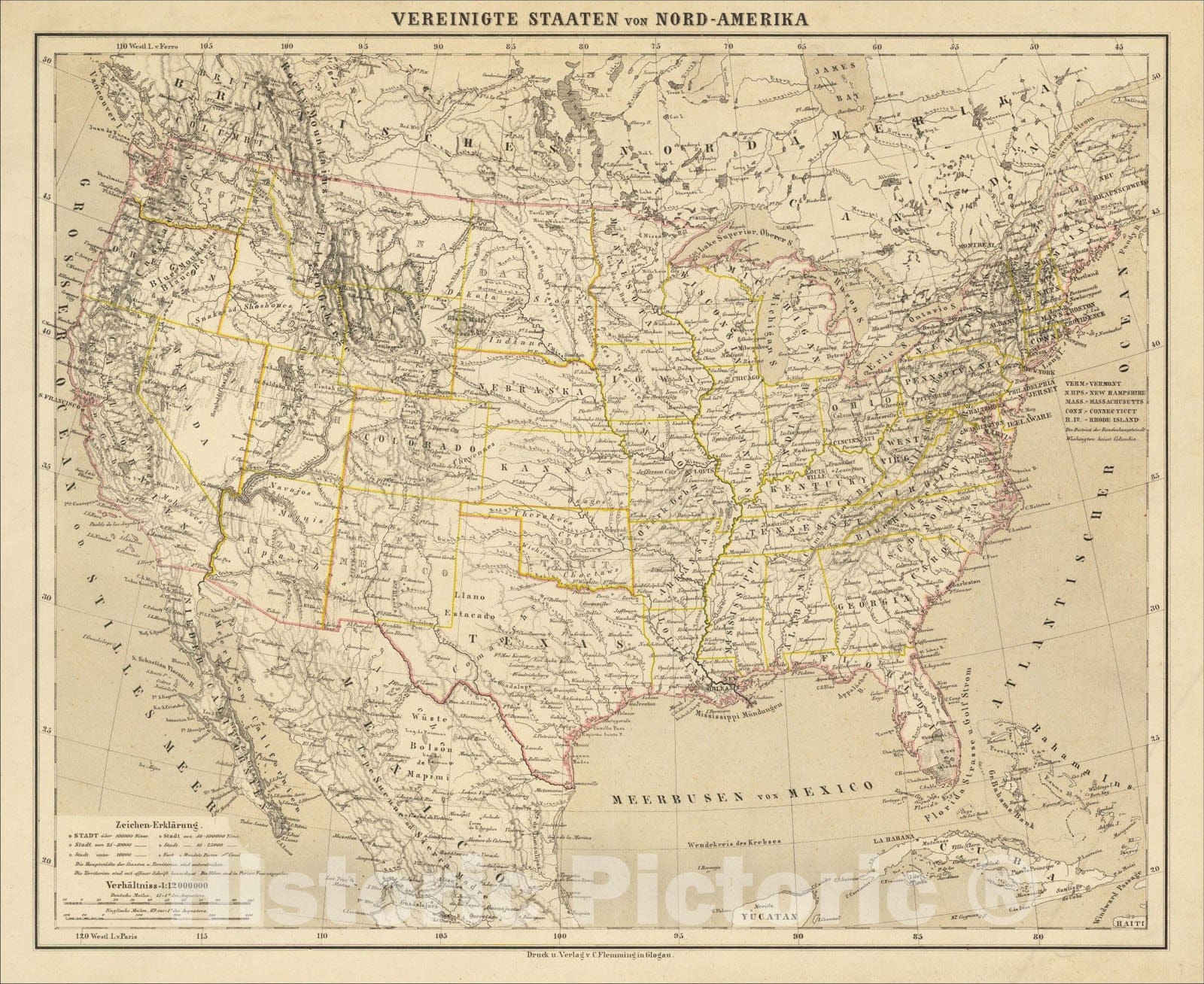 Historic Map : Vereinigte Staaten von Nord-Amerika, 1868, Carl Flemming, Vintage Wall Art