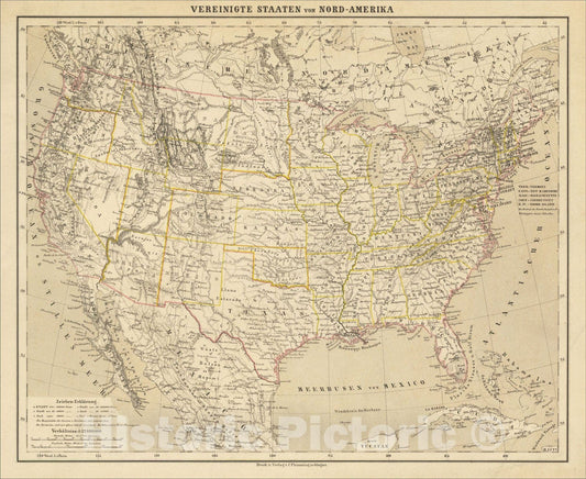 Historic Map : Vereinigte Staaten von Nord-Amerika, 1868, Carl Flemming, Vintage Wall Art