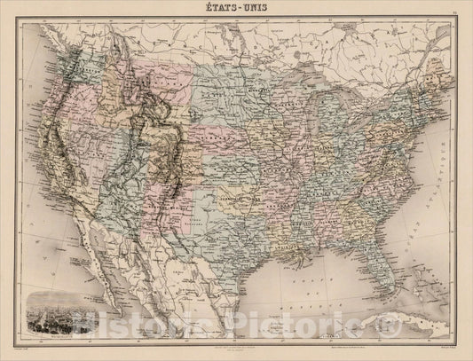 Historic Map : Etats Unis (with view of Washington DC), 1875, , Vintage Wall Art