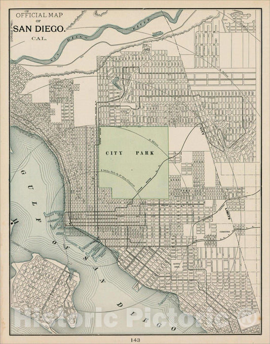 Historic Map : Official Map of San Diego. Cal., 1899, George F. Cram, Vintage Wall Art