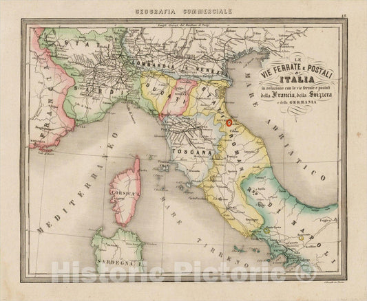 Historic Map : Le Vie Ferrate e Postali D'Italia in relazione con le vie ferrate e potasli della Francia, della Suizzera e dell Germania, c1850, Vintage Wall Art