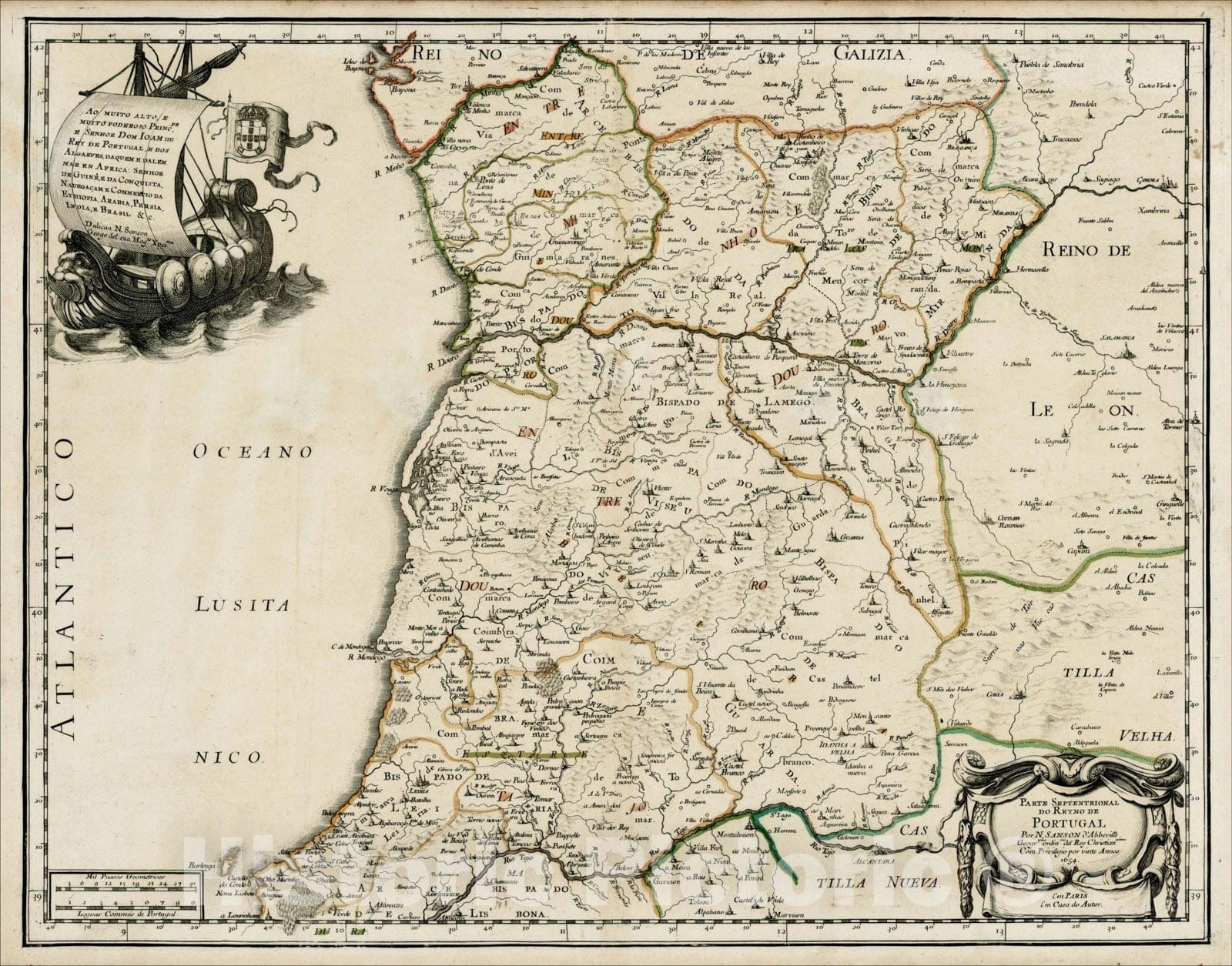 Historic Map : Parte Septentrional Do Reyno De Portugal, 1654, 1654, , Vintage Wall Art