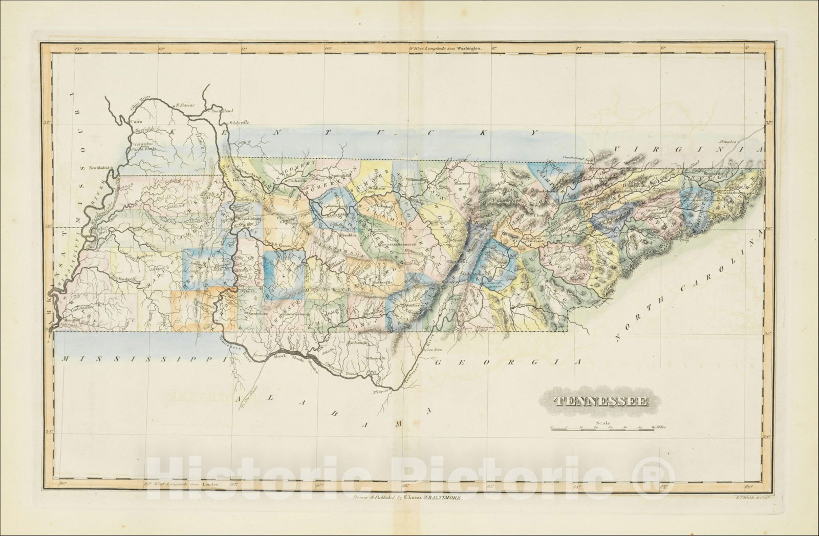 Historic Map : Tennessee, 1823, Fielding Lucas Jr., Vintage Wall Art
