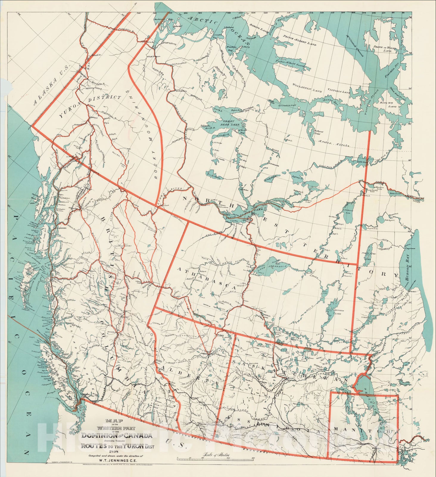 Historic Map : Map of the Western Part of the Dominion of Canada Shewing Various Routes to the Yukon Dist. 1898, 1898, W. T. Jennings, Vintage Wall Art