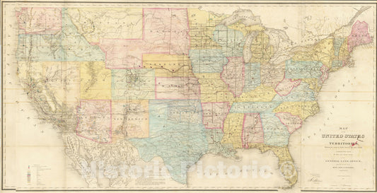 Historic Map : Map of the United States and Territories, 1867, U.S. General Land Office, Vintage Wall Art