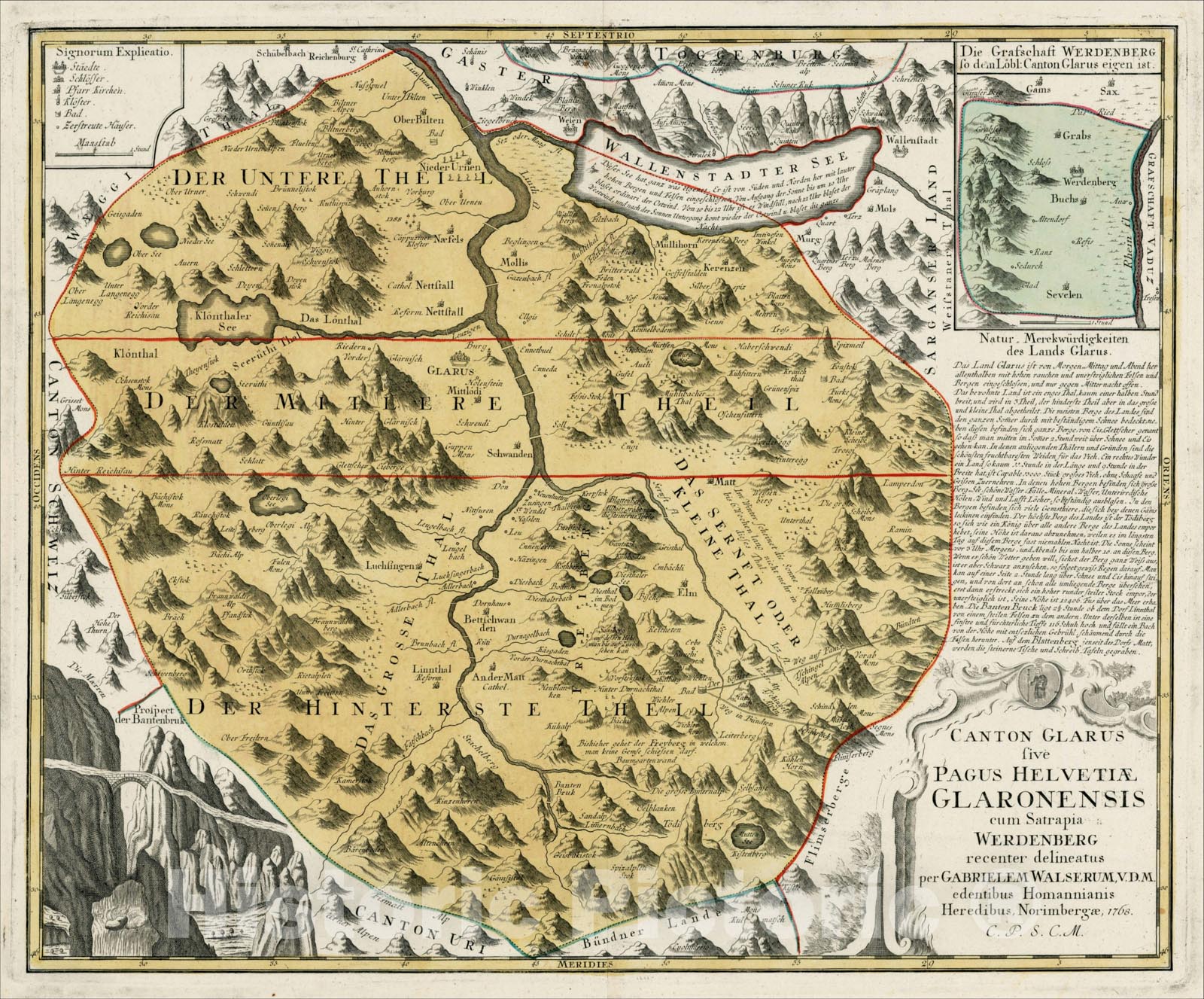 Historic Map : Canton Glarus sive Pagus Helvetiae Glaronensis cum Satrapia Werdenberg recenter delineatus per Gabrielem Walserum, 1768, 1768, , Vintage Wall Art
