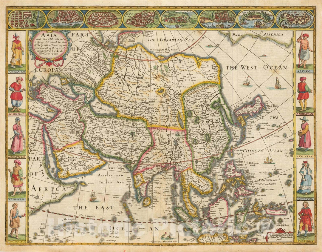 Historic Map : Asia with the Islands adjoining described, the attire of the people, & Townes of importance, all of them newly augmented, 1626, 1676, Vintage Wall Art