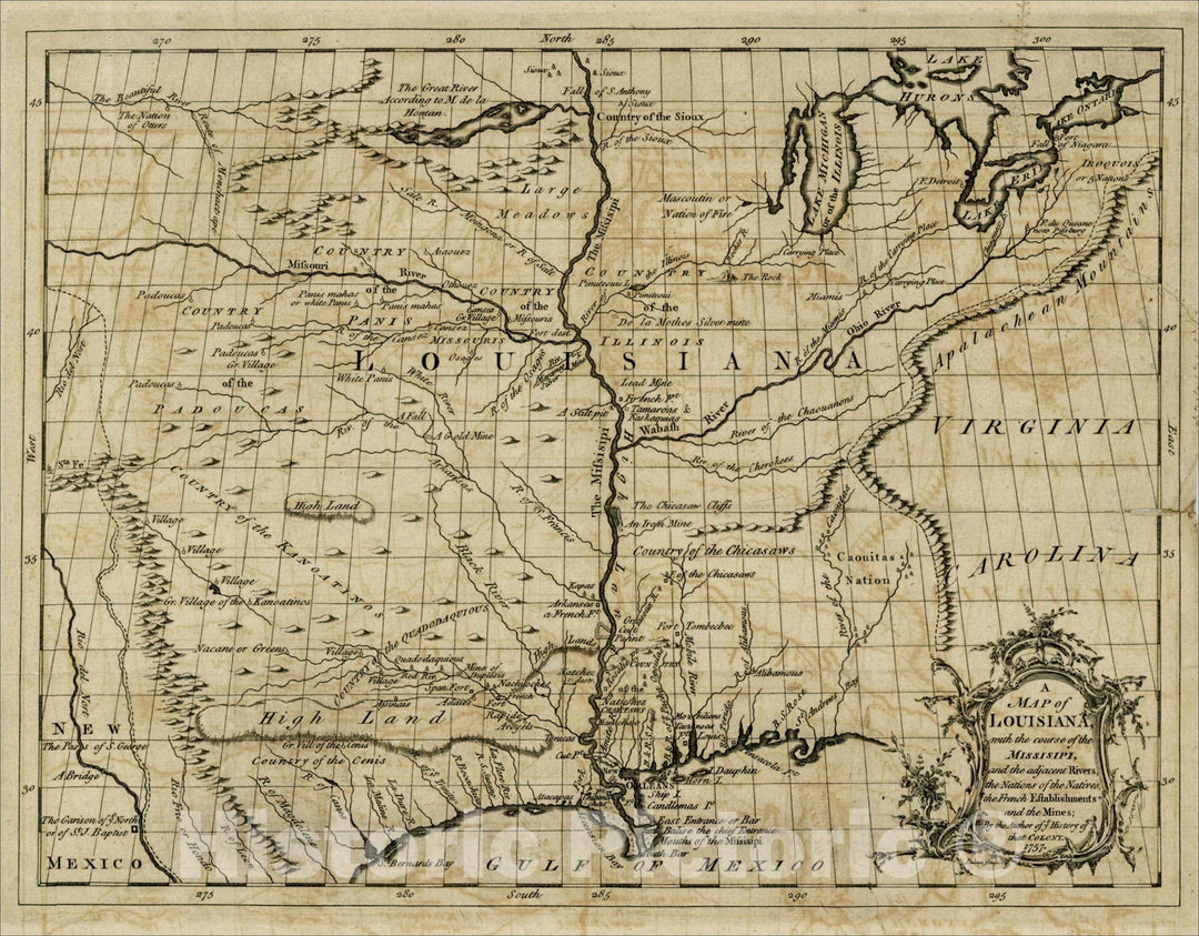 Historic Map : A Map of Louisiana, with the course of the Missisipi, and the adjacent Rivers, 1763, Antoine-Simon Le Page du Pratz, Vintage Wall Art