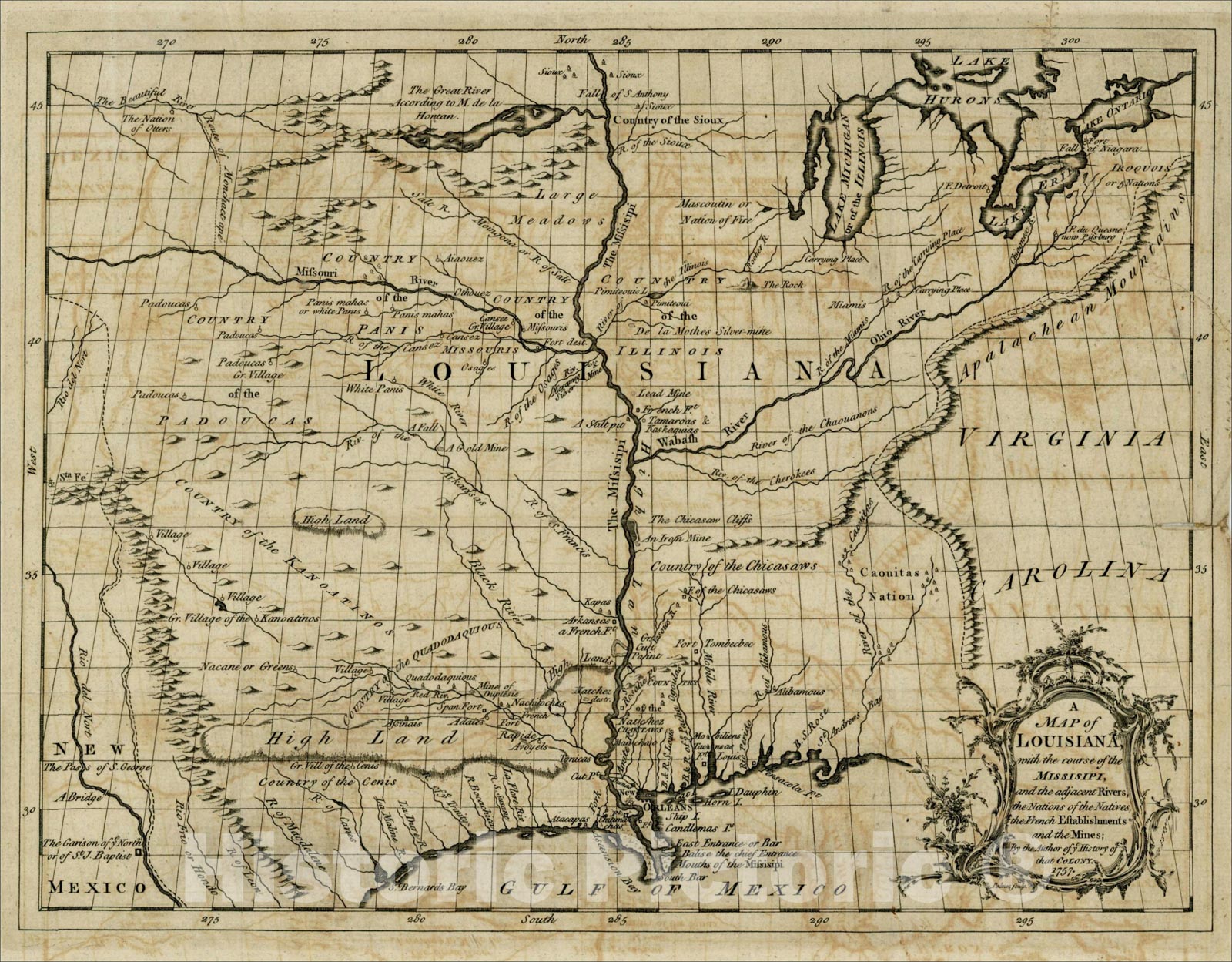 Historic Map : A Map of Louisiana, with the course of the Missisipi, and the adjacent Rivers, 1763, Antoine-Simon Le Page du Pratz, Vintage Wall Art