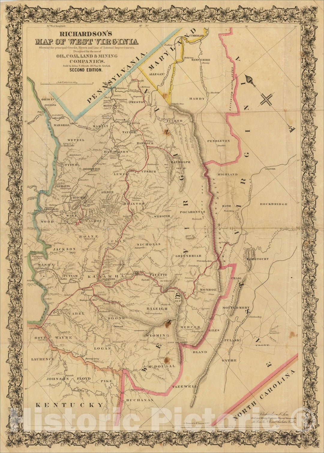 Historic Map : Richardson's Map of West Virginia Showing the principal Creeks, Rivers, and Line of Internal Improvements, 1864, C. S. Richardson, Vintage Wall Art